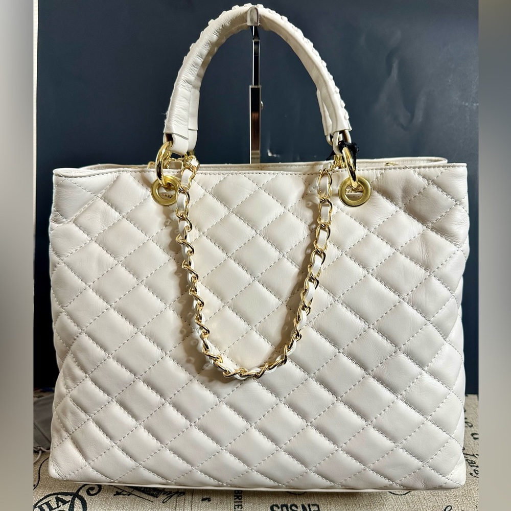 Leather Quilted Handbag, Woven Handles, optional shoulder gold chain strap